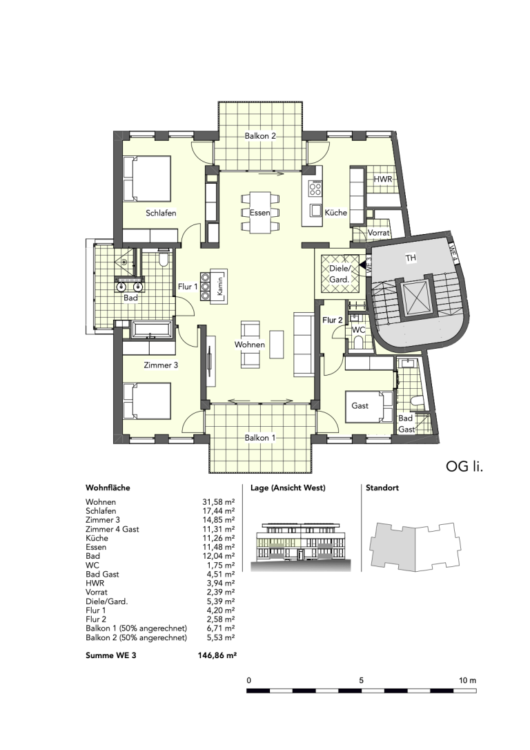 Grundriss der Wohnung 03 mit mehreren Räumen und einem offenen Wohnbereich.